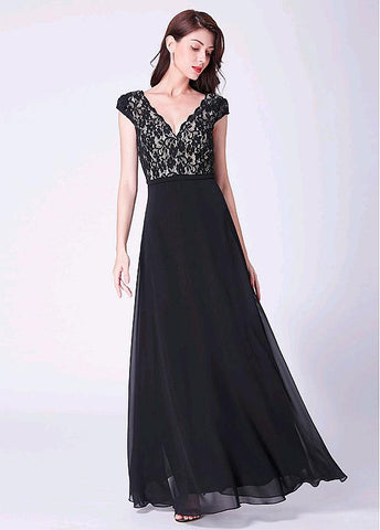 Chiffon V-neck Black Long A-line Evening Dress