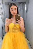 Ruffles A Line Tulle Yellow Sweetheart Long Prom Dress