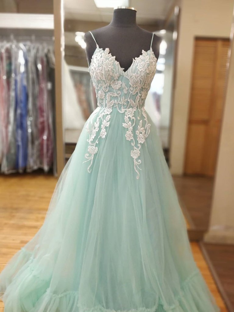 2021 Appliques Spaghetti Straps Mint Green Tulle A Line Prom Dress Sassymyprom 2021 Appliques Spaghetti Straps Mint Green Tulle A Line Prom Dress Sassymyprom