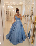 Long Blue Beading Straps V-neck Lace Cheap Prom Dress