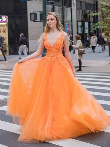  Orange V Neck Tulle Lace Appliques Long Prom Dress