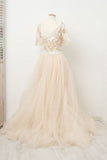 Appliques Tulle Lace Light Champagne Long Prom Dress