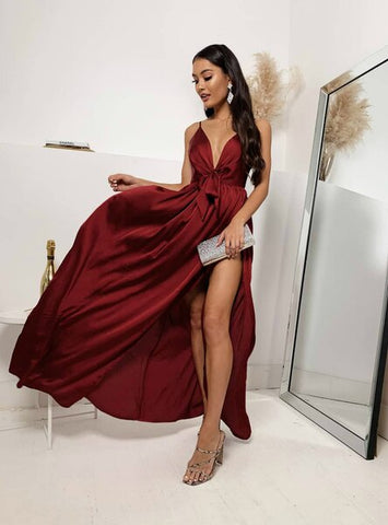 A-Line Burgundy Satin Spaghetti Straps Prom Dress With Side Split