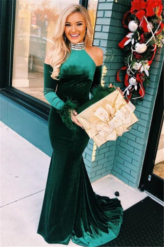 Long Sleeves Mermaid Green High-Neck Velvet Prom Dress With Feather
