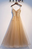 A Line Tulle Lace Champagne Sweetheart Long Prom Dress 