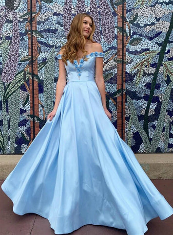  Satin Off the Shoulder 3D Appliques Blue Beading Prom Dress