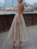 Sweetheart Sequin Gold Tea Length Party Dress