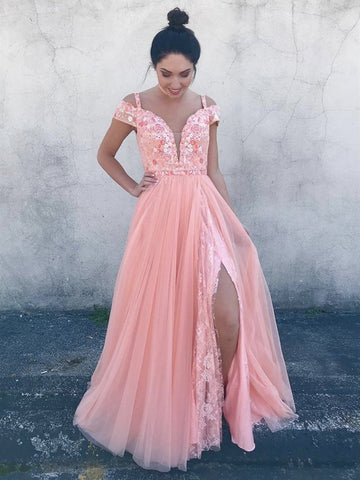 Chiffon Appliques Pink Off The Shoulder Long Prom Dress