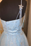 A-Line Light Sky Blue Spaghetti Straps Prom Dress with Appliques