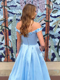  Satin Off the Shoulder 3D Appliques Blue Beading Prom Dress