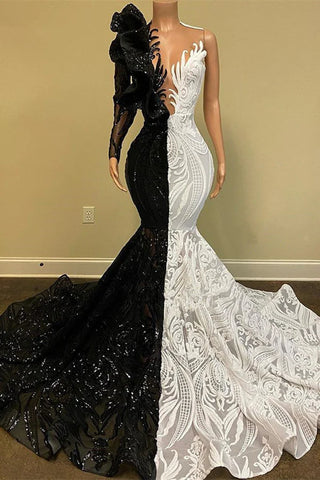 Black Sequin Trumpet Mermaid Long Sleeve Prom Dress