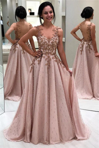 Champagne Tulle Appliques Beading Backless A-Line Prom Dress