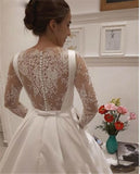 White Satin Lace O-Neck Button Back Sweep Train Long Sleeve Wedding Dress