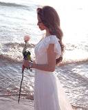 Short Sleeve Floor Length A-line Chiffon V-neck Sexy Tulle Cheap Wedding Dress