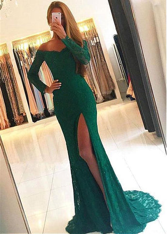Green Lace Long Sleeve Mermaid Prom Dress With Slit