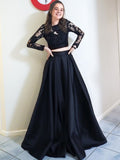 Lace & Satin Two Piece O Neck Long Sleeve Black Prom Dress