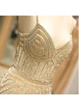 Tulle Spaghetti Straps Gold Long Mermaid Prom Evening Dress