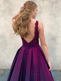 V Neck Open Back Purple Lace Long Prom Dress with Pockets