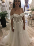 3D Flowers Beach Tulle Off the Shoulder Wedding Dress