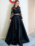 Lace & Satin Two Piece O Neck Long Sleeve Black Prom Dress