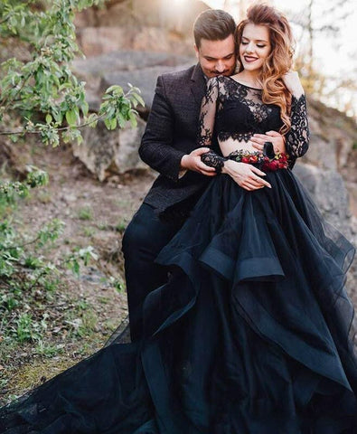 Long Sleeve A-Line Black Lace Two Piece Tulle Wedding Dress US8 / White Long Sleeve A-Line Black Lace Two Piece Tulle Wedding Dress US8 / White