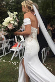 Appliques Sexy White Mermaid Satin Off the Shoulder Wedding Dress