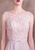  Satin & Tulle Bateau Pink Belt Prom Dress With Handmade Flowers