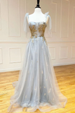 Beading Lace Up Sequin Gray V Neck Tulle Long Prom Dress