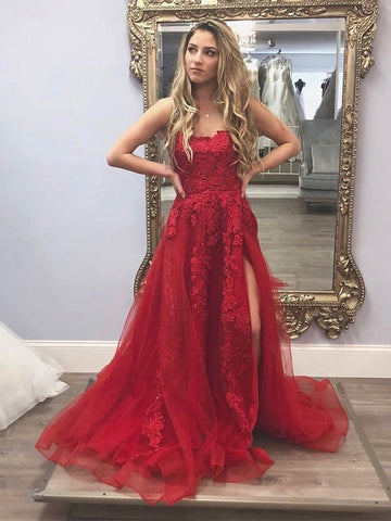Long Appliques Burgundy Lace Prom Dress with High Slit