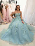 Appliques Tulle Strapless Mint A Line Green Prom Dress