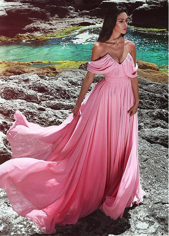 Off-the-shoulder Chiffon Pink Evening Dress With Belt