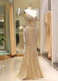 Tulle Spaghetti Straps Gold Long Mermaid Prom Evening Dress