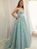 Appliques Tulle Strapless Mint A Line Green Prom Dress