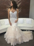 Champagne Mermaid Straps Tulle Lace Appliques Wedding Dress
