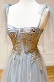 Beading Lace Up Sequin Gray V Neck Tulle Long Prom Dress