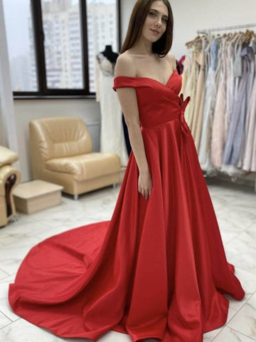 Satin Sweep Train Long Red Off The Shoulder Prom Dress With Bowknot