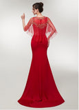 Spandex Jewel Red Half Sleeves Mermaid Evening Dress