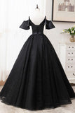 Short Sleeves Black Tulle Lace Sweetheart Long Prom Dress