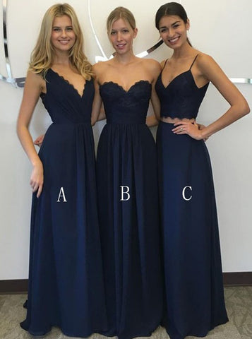 Two Piece Spaghetti Straps Navy Blue Bridesmaid Dress