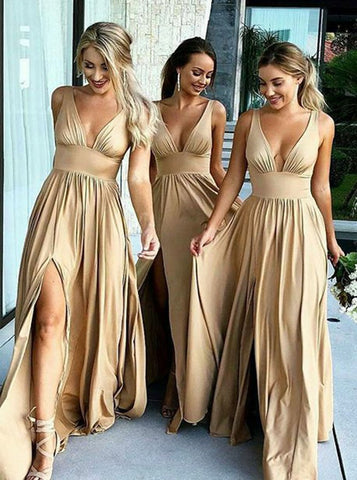 Champagne Elastic Satin Bridesmaid Dress with Split
