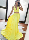 Satin Two Piece V-Neck Yellow Prom Dress with Split