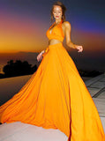 Satin Two Piece V-Neck Yellow Prom Dress with Split