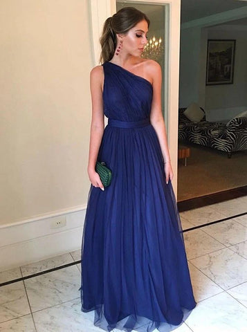One Shoulder Pleats Tulle A Line Prom Dress