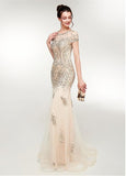  Tulle Scoop Champagne Short Sleeve Mermaid Prom Dress
