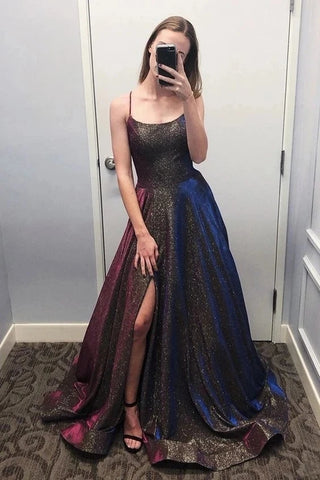 Spaghetti Straps A Line Dark Purple Sequin Prom Dress With Slit