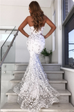 Appliques See Through Open Back Sweetheart Leaf Tulle White Prom Dress