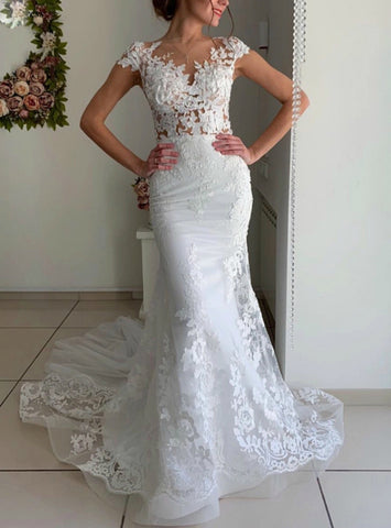 Cap Sleeve White Lace Appliques Mermaid Tulle Wedding Dress