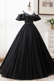 Short Sleeves Black Tulle Lace Sweetheart Long Prom Dress