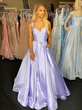 Lavender Purple Satin Beading Spaghetti Straps A Line Prom Dress