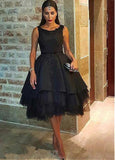 Romantic Satin & Tulle Scoop Neckline Tea-length Ball Gown Evening Dresses With Lace Appliques